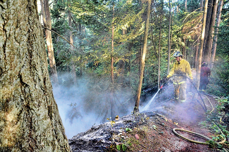 A firefighter hoses down a hot spot at a small wildfire at a wooded hillside at the edge of the Valley Creek gorge