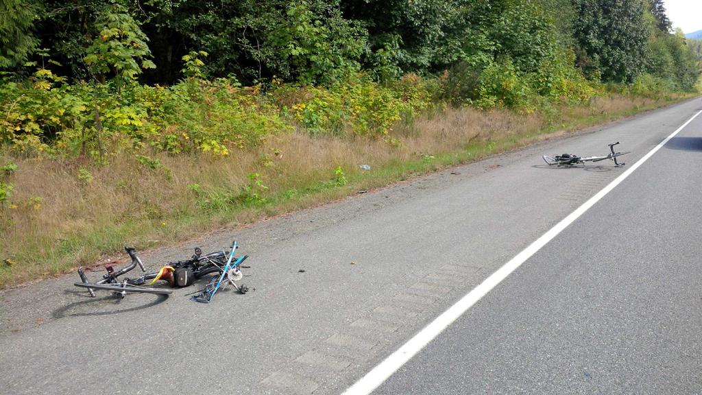 The bicycles of two cyclists injured in a collision with a pickup truck on U.S. Highway 101 west of Port Angeles on Monday. Washington State Patrol