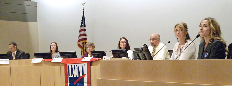 From left at the League of Women Voters of Clallam County candidate forum last Wednesday at the Sequim Civic Center are William Payne and Heather Short