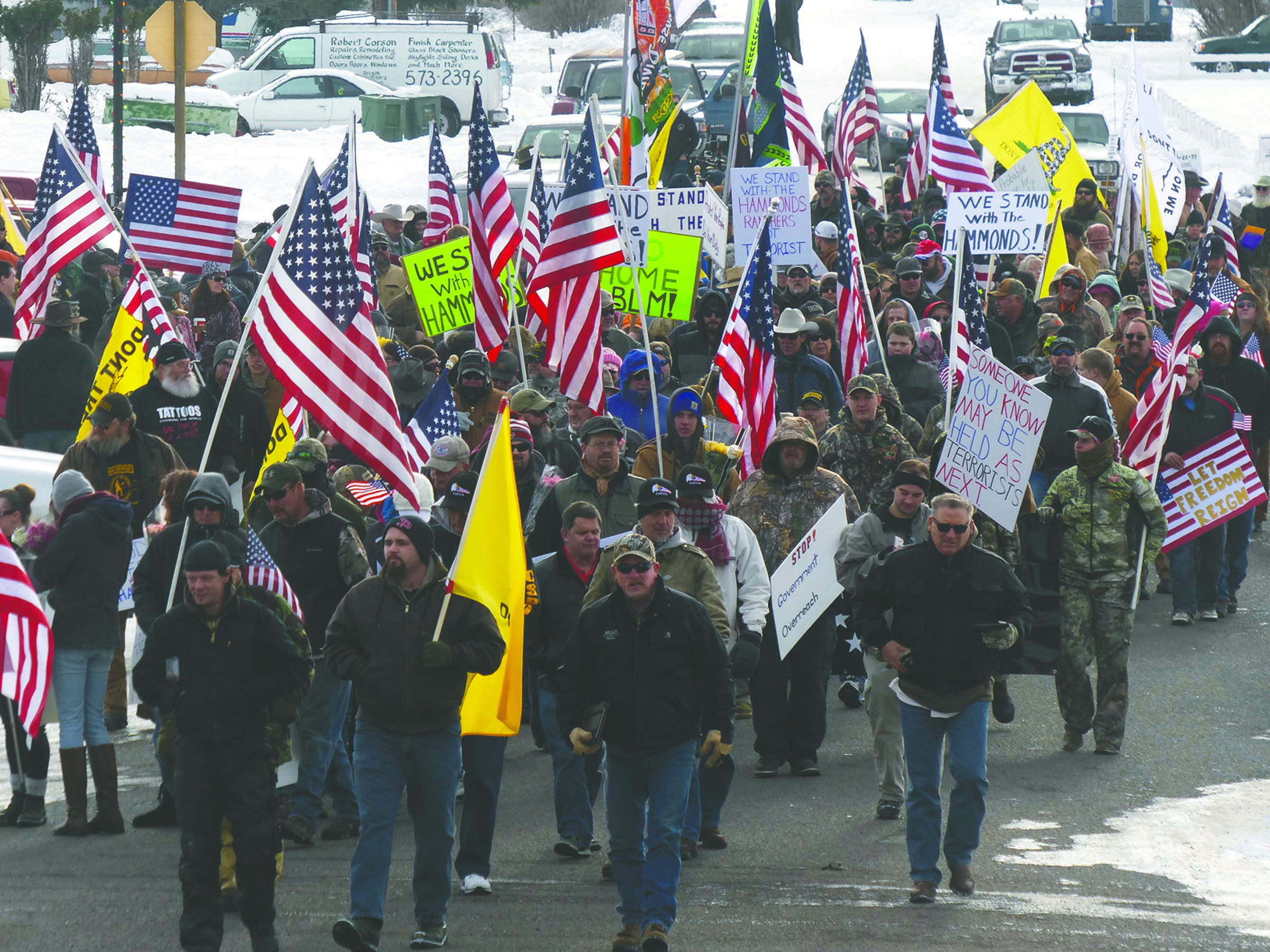 Protesters march on Court Avenue in support of an Oregon ranching family facing jail time for arson in Burns