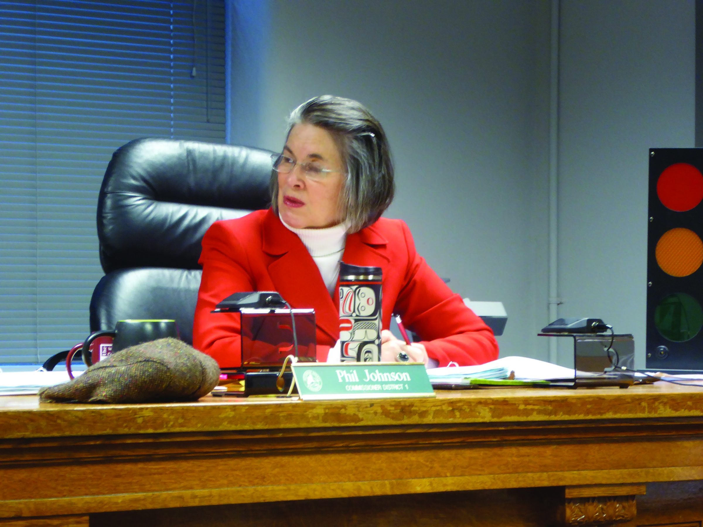 Jefferson County District 3 Commissioner Kathleen Kler was elected as the board’s first female chair Monday. — Charlie Bermant/Peninsula Daily News ()