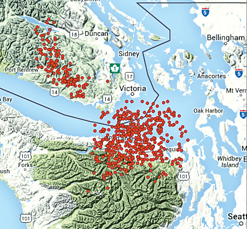 Tremors mapped by the Pacific Northwest Seismic Network on Sunday. ()