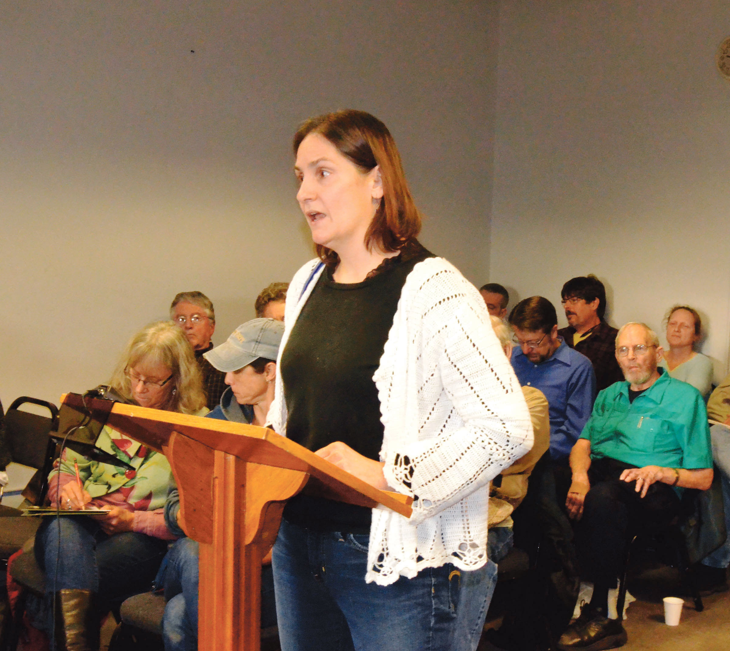 Chimacum resident Felicia Allen speaks out in favor of extending a moratorium on recreational marijuana businesses at a Jefferson County commissioners meeting on Monday.  —Photo by Charlie Bermant/Peninsula Daily News ()