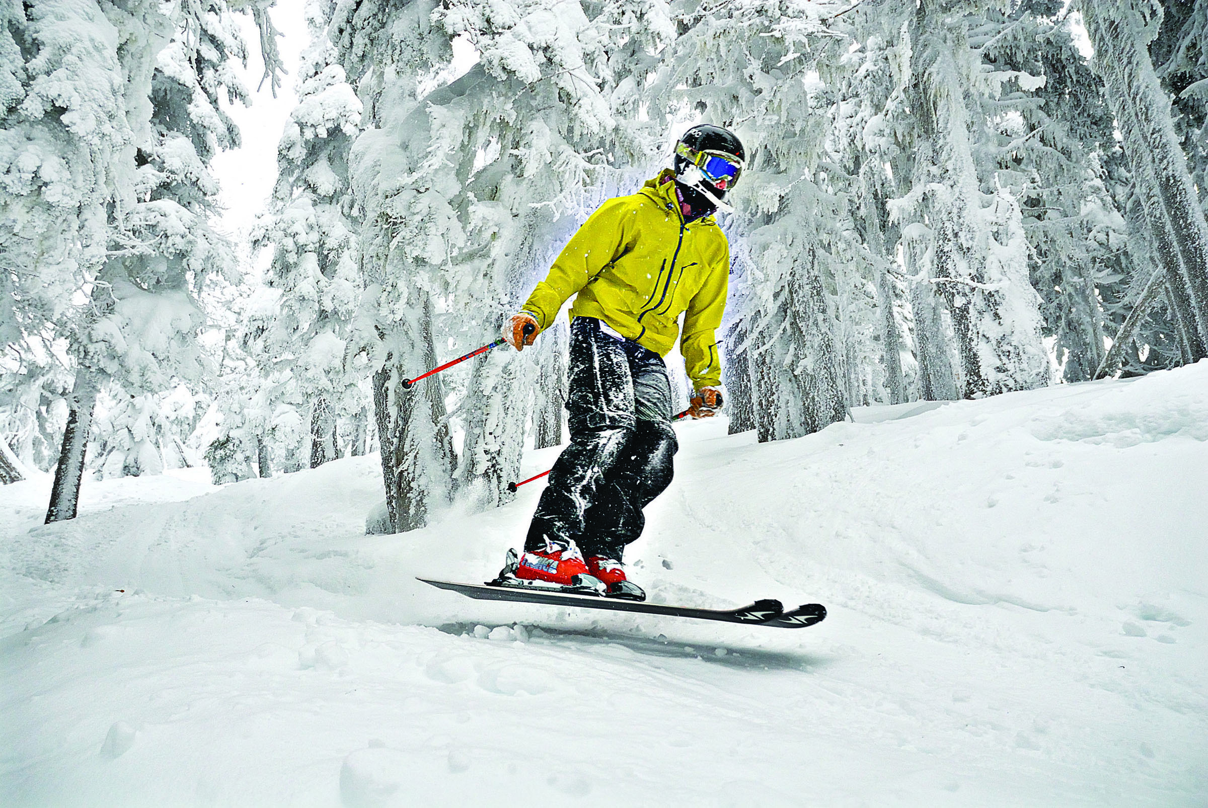 Alex Brown of Port Angeles jumps off the ground while skiing through the trees on Hurricane Ridge. (Peninsula Daily News)