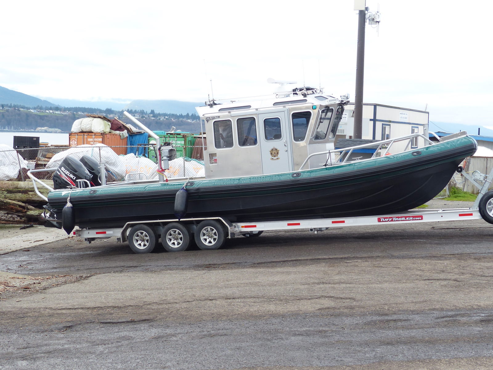 A patrol boat built by Lee Shore Boats for the state Department of Fish and Wildlife is shown launching off the boat ramp at Ediz Hook in Port Angeles last week. (David G. Sellars (2)/for Peninsula Daily News)