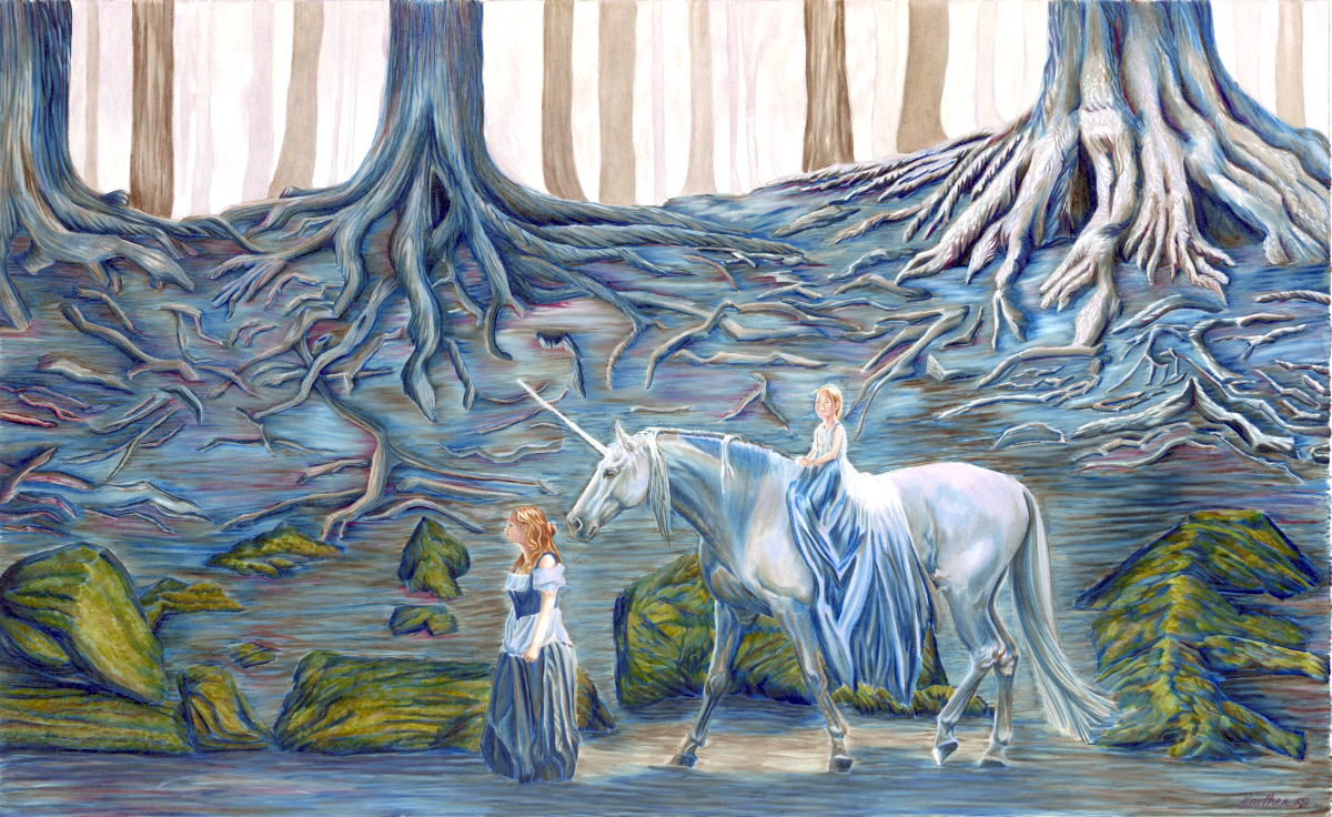 This color pencil drawing of a woman leading a girl on a unicorn is one of the pieces created by Heather Hart Gamble to be shown Saturday at Gallery Nine