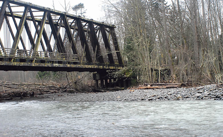 The Dungeness River flows under the main bridge span at Railroad Bridge Park near Sequim on Feb. 12. A section of damaged trestle on the bridge approach is visible through the trees. (Keith Thorpe/Peninsula Daily News)