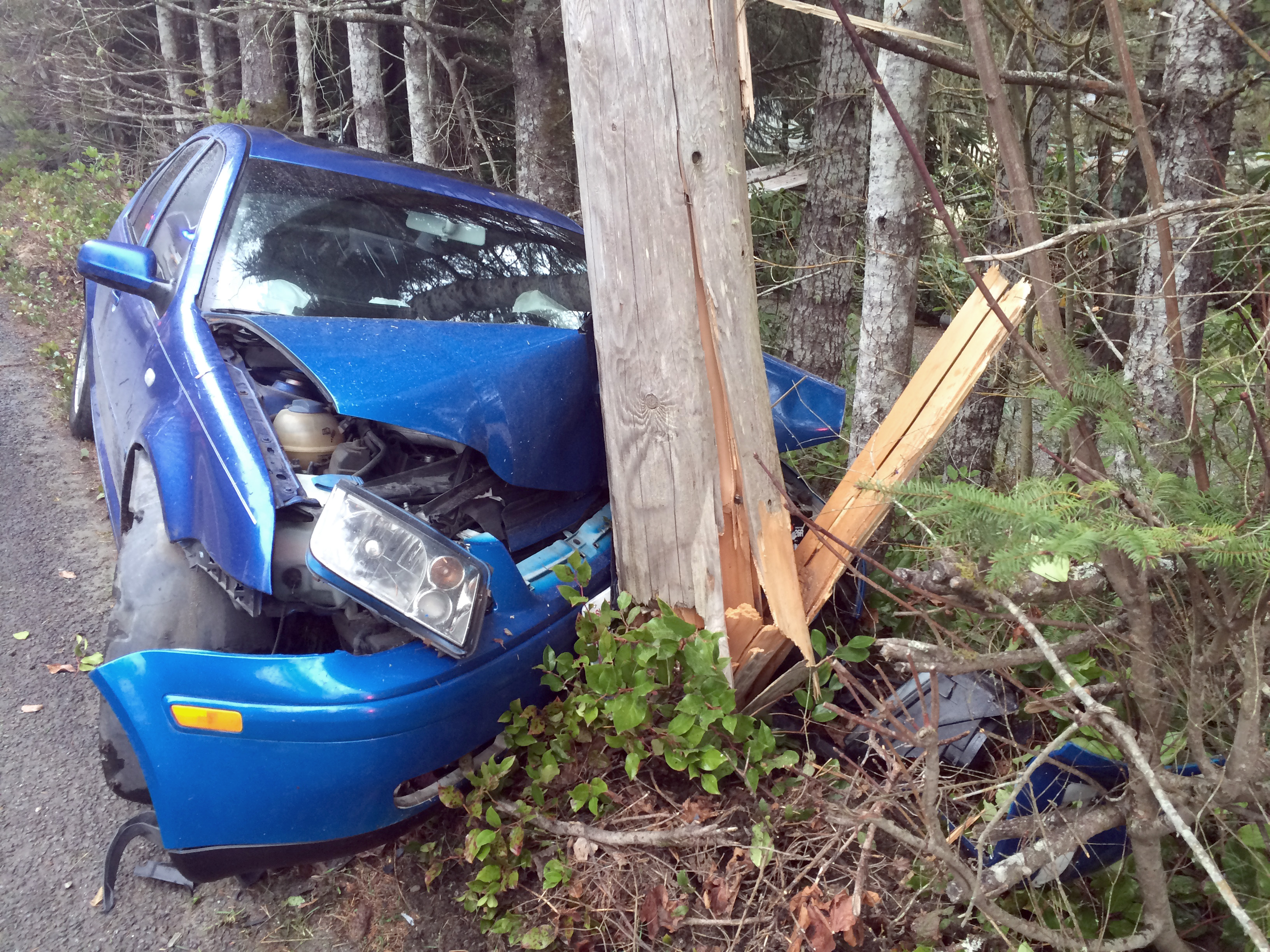 A Volkswagen Jetta severed this power pole on Dan Kelly Road west of Port Angeles. The driver was uninjured. (Clallam County Fire District No. 2)