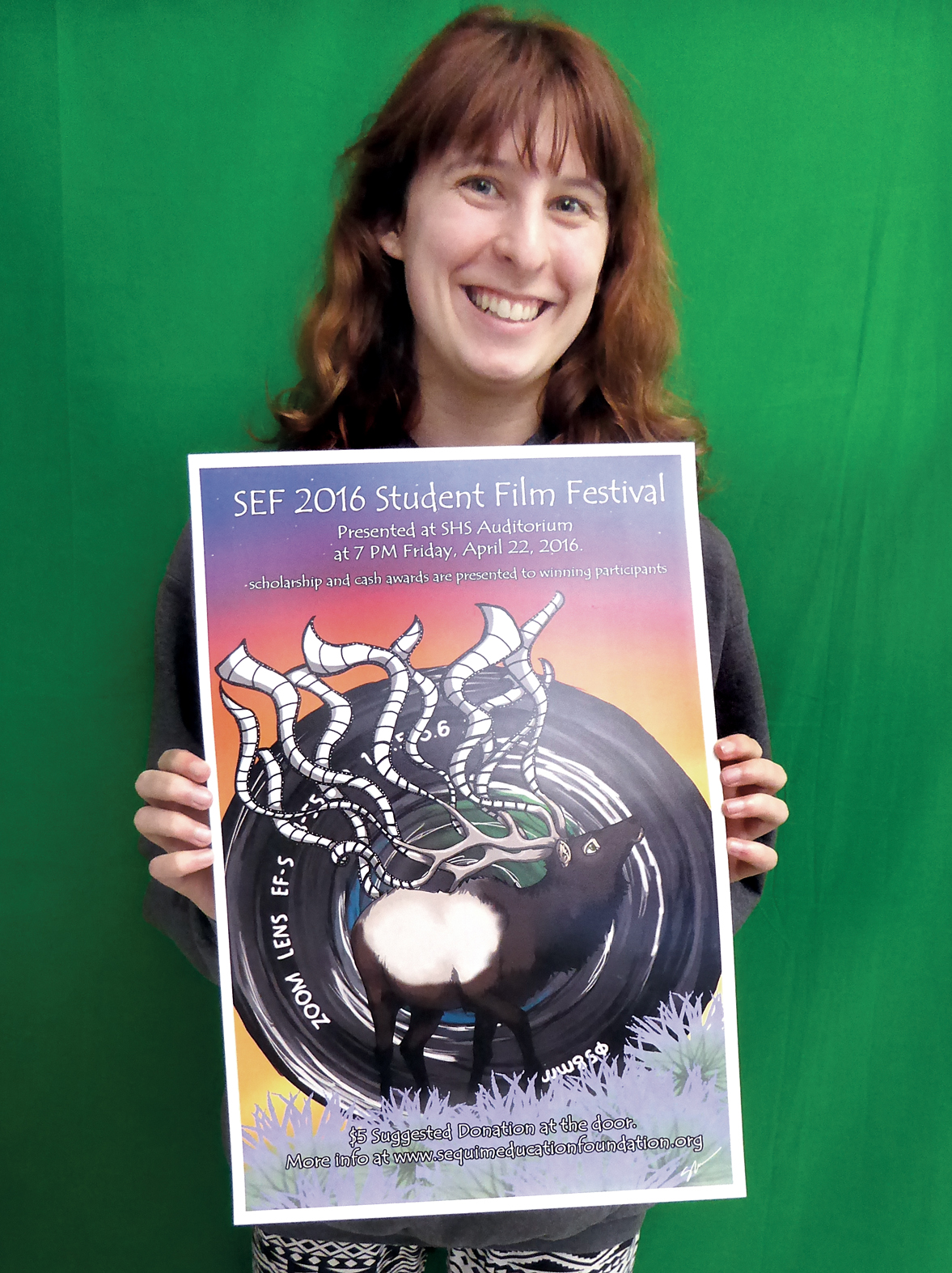 Sequim High School senior Nikole McElhose shows her contest-winning design for the 2016 Sequim Education Foundation Student Film Festival