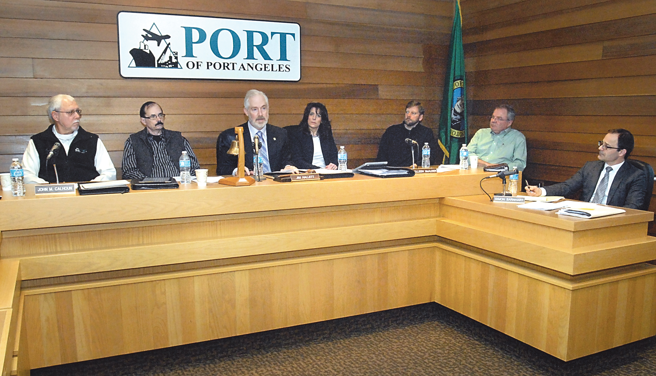 Commissioners from the Port of Port Angeles and Clallam County meet in a joint session Tuesday in the port’s meeting room in Port Angeles. Included in the session were