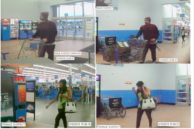 Photos of a man and woman suspected of using counterfeit $20 and $50 bills at the Port Angeles Walmart. (Clallam County Sheriff's Office (Click on image to enlarge))