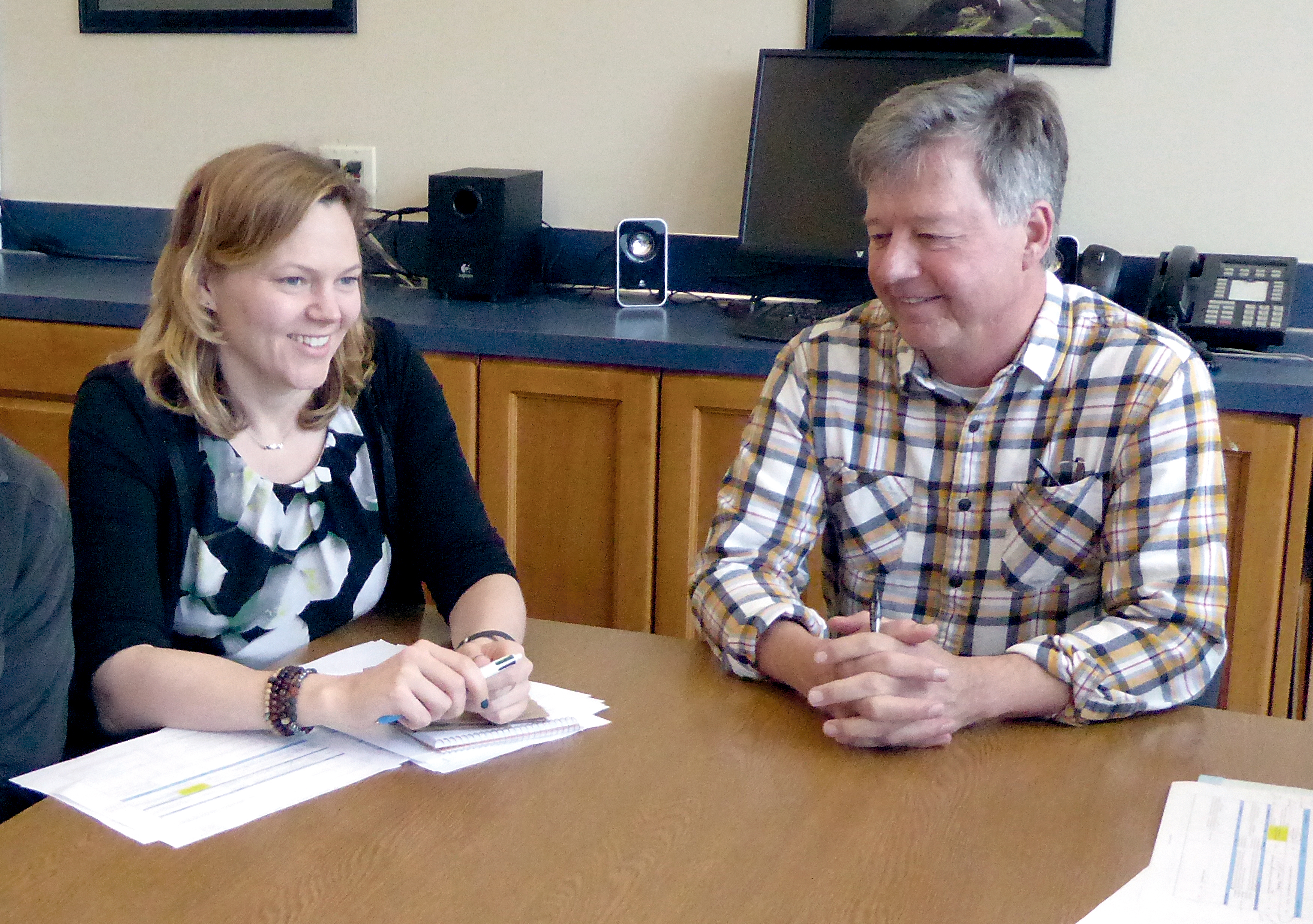 Newly appointed Port Townsend Paper Corp. General Manager Carr Tyndall meets Tuesday with Annika Wallendahl