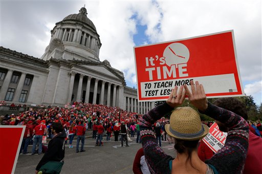 Teachers at a rally in Olympia last month. (The Associated Press)