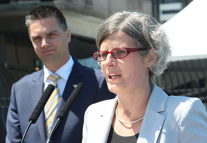 Victoria Mayor Lisa Helps and British Columbia Minister of Transportation and Infrastructure Todd Stone are shown during the announcement of a $17.4 million upgrade to the ferry terminal for the MV Coho ferry from Port Angeles.—Photo by Kendra Wong/Victoria News ()