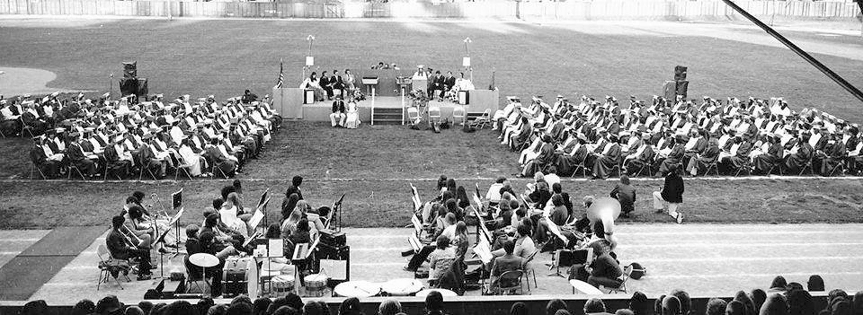 The Port Angeles High School Class of 1975 graduation at Civic Field was the most recent outdoor graduation ceremony held by the school since World War II. The school will return to an outdoor commencement ceremony for 226 members of the Class of 2015 and 2