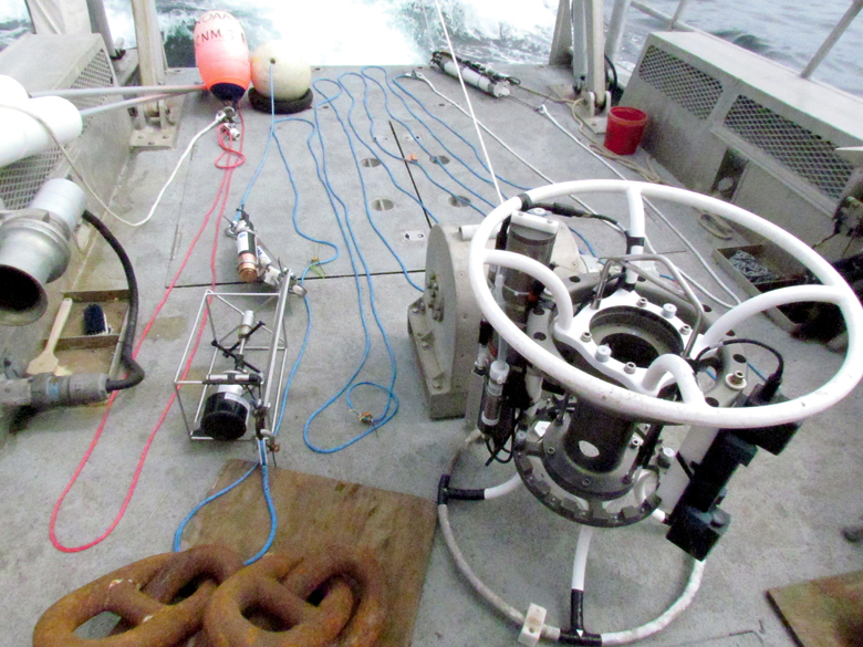 An oceanographic instrument is ready for deployment off the stern of the Tatoosh. (Kathy Hough/NOAA)