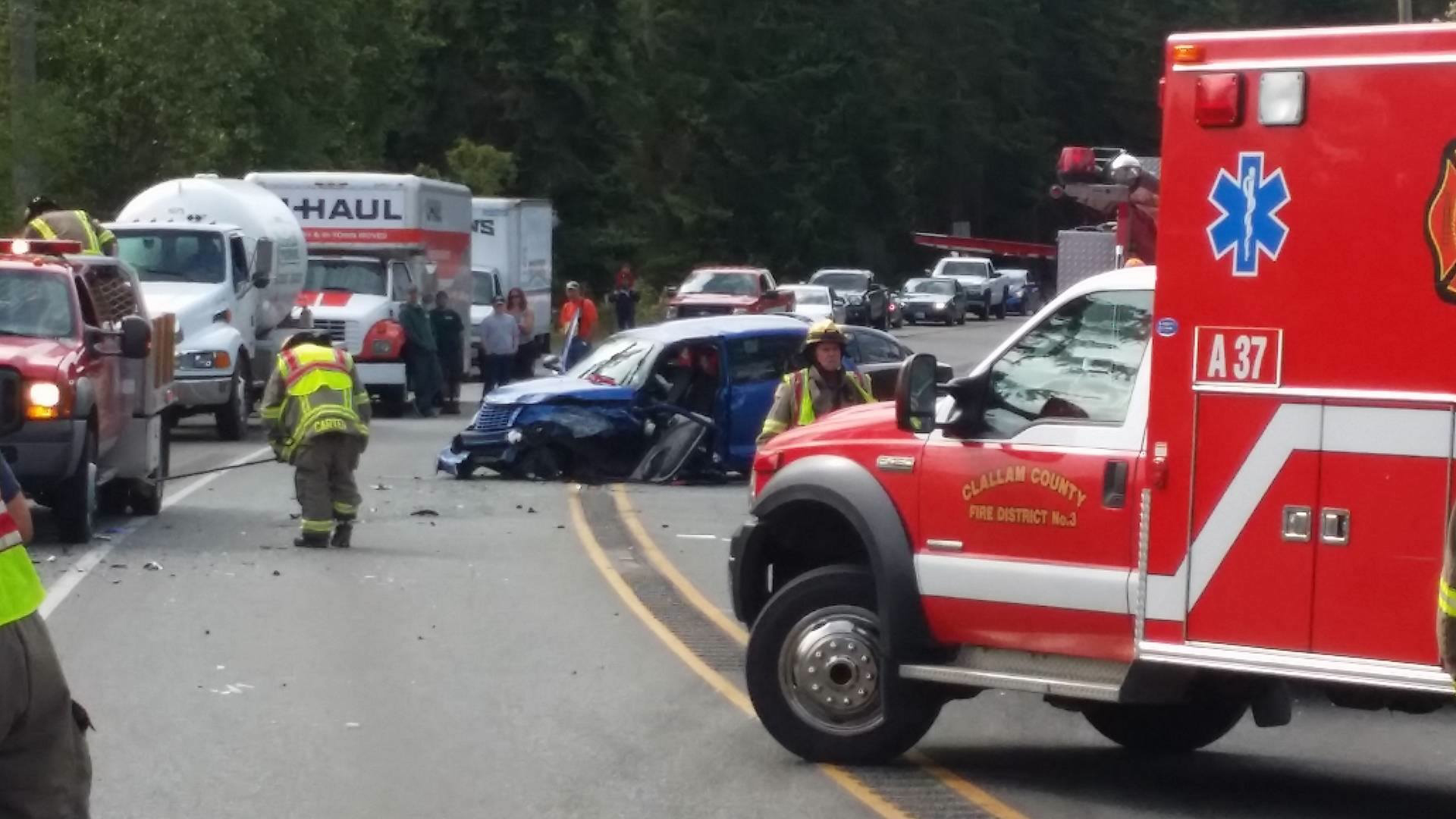 Clallam Fire District No. 3 responded to this wreck on U.S. Highway 101 near Barker Road east of Sequim on Monday morning. The wreck briefly tied up traffic in both directions. — Levi Barclay ()