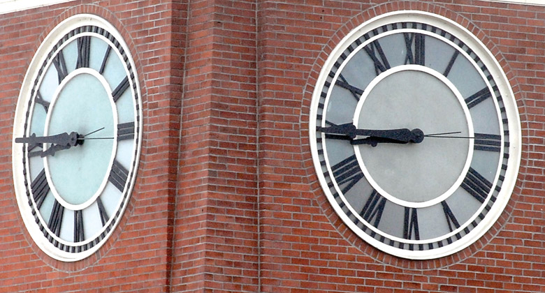 The clock in the tower of the Clallam County Courthouse in Port Angeles is seen stuck at 8:45 last week. — Keith Thorpe/Peninsula Daily News ()