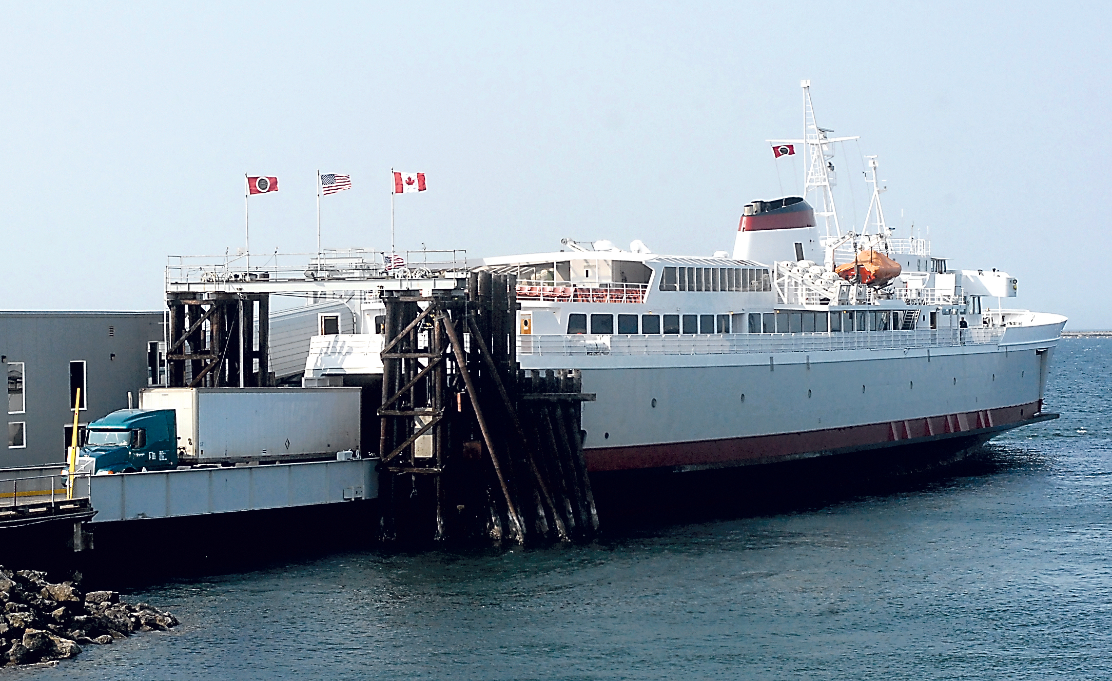 A tractor-trailer emerges from the MV Coho during a stop in Port Angeles. —Photo by Keith Thorpe/Peninsula Daily News