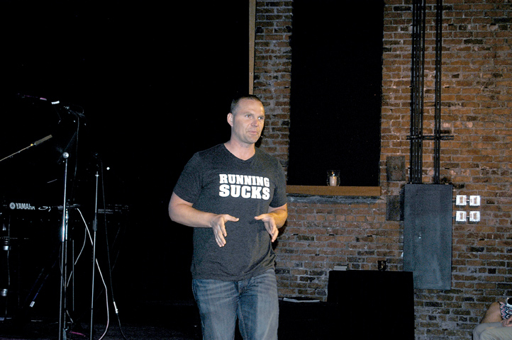 Rob DeCou speaks about the Race Across America at the Independent Bible Church’s Upper Room in Port Angeles last Monday. — Rob Ollikainen/Peninsula Daily News ()