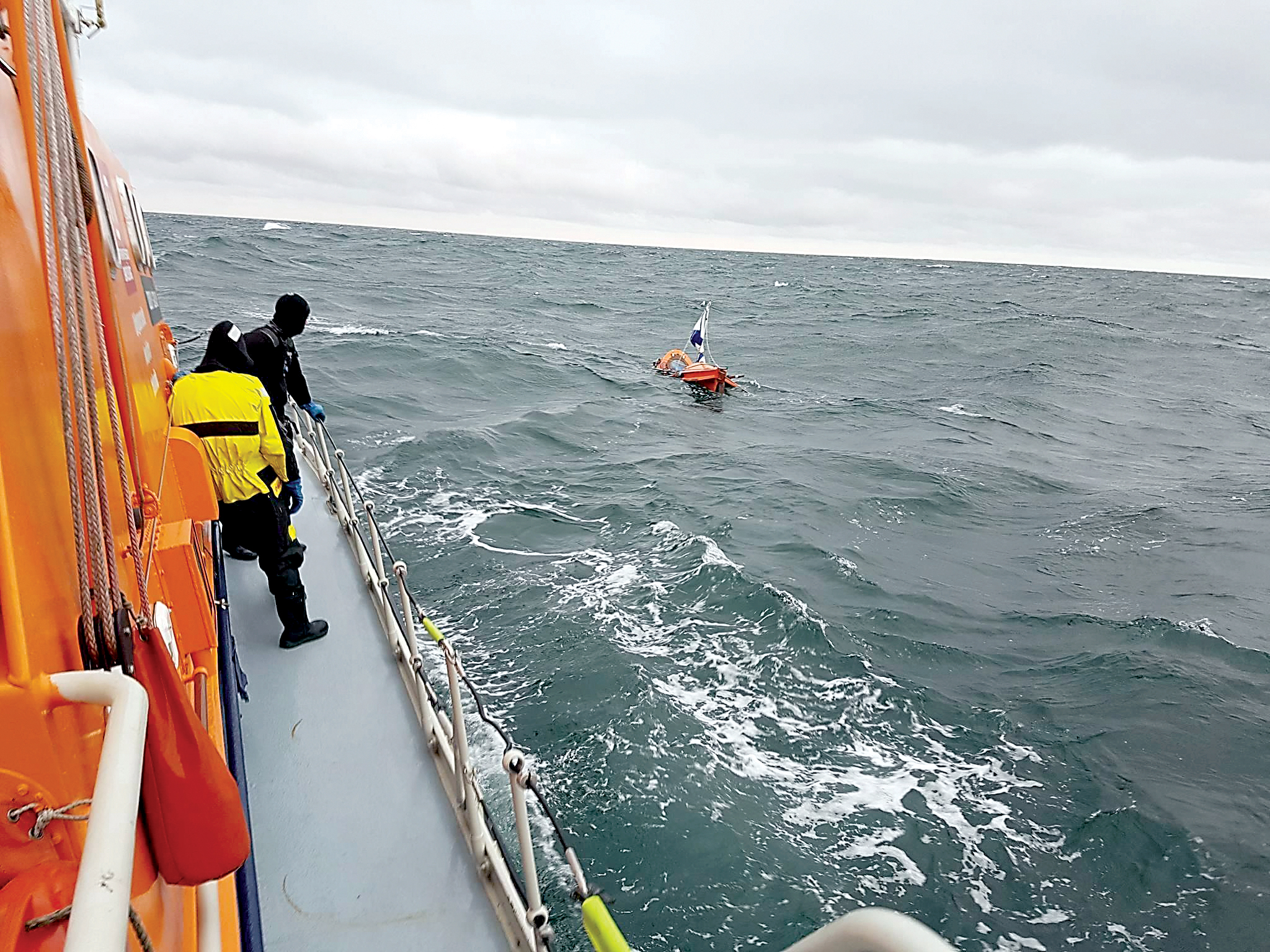 Chris Duff is rescued earlier this month by an Icelandic search and rescue team after a storm ended his journey from Iceland to Greenland. ()