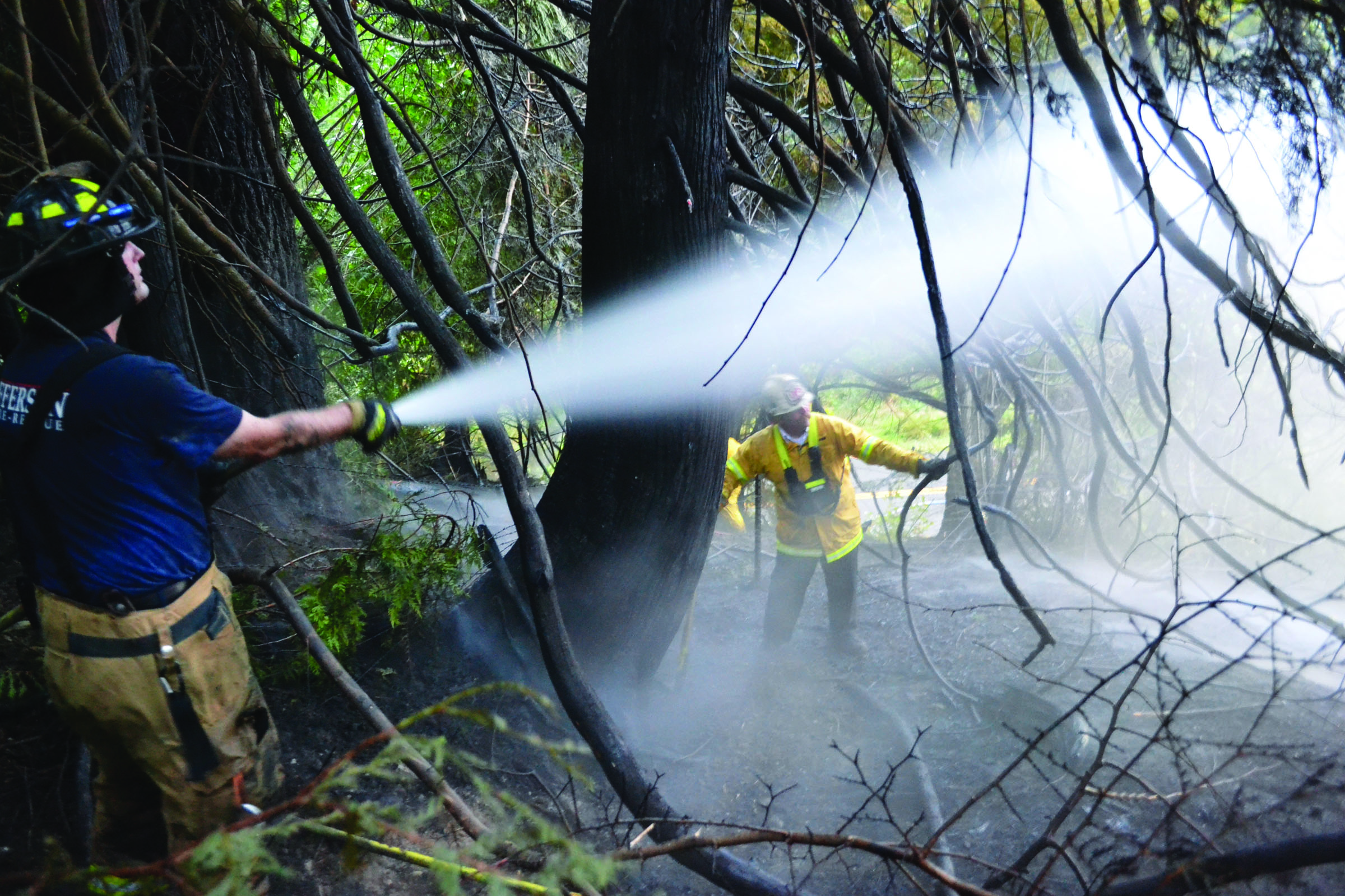 Firefighters hose down a brush fire Saturday. Power lines sparked the fire in nearby foliage. East Jefferson Fire-Rescue