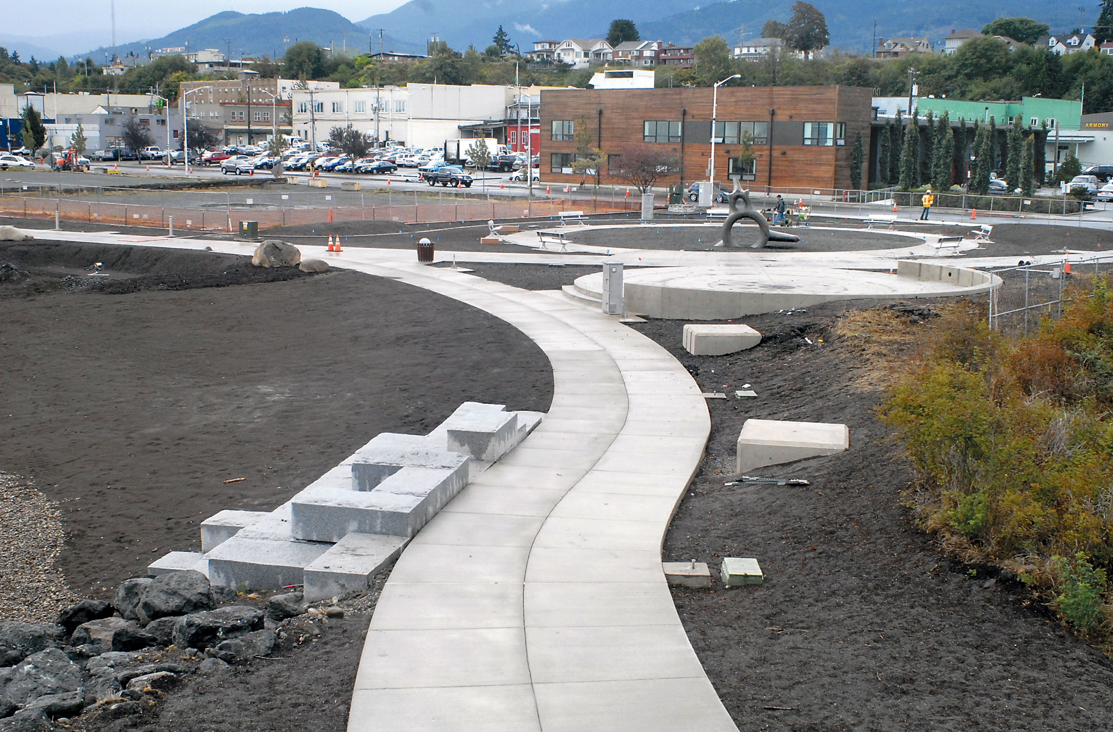 A paved walkway winds through the western half of the newly built West End Park along the Port Angeles waterfront. Keith Thorpe/Peninsula Daily News