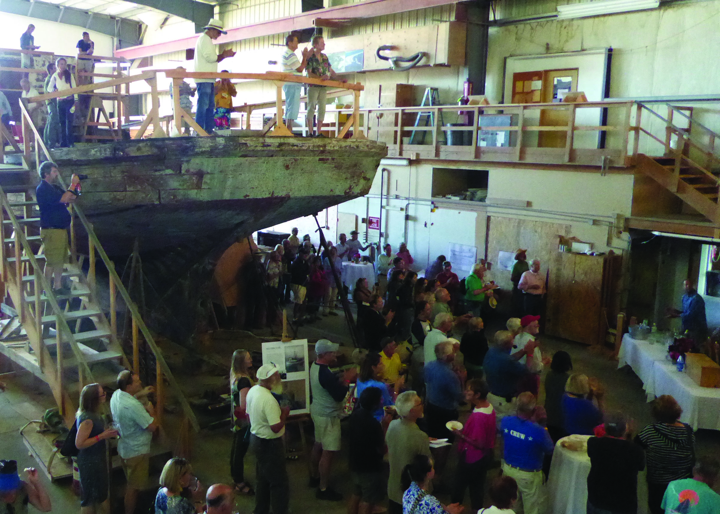 About 140 people gathered at the Port Townsend Boat Haven on Saturday evening for an update on the Western Flyer renovation project. — Charlie Bermant/Peninsula Daily News