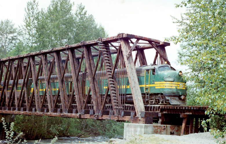 A train crosses the Dungeness River Railroad Bridge in this undated photo from the early 1980s. The line was abandoned in 1985