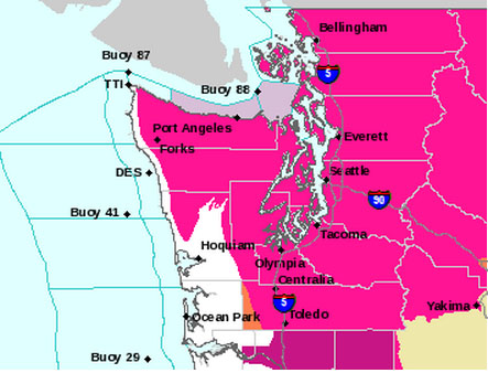 Bright pink on this National Weather Service map designates the red flag alert issued this afternoon. The pink in the Strait of Juan de Fuca designates a small-craft warning for winds in the vicinity of 25 knots.