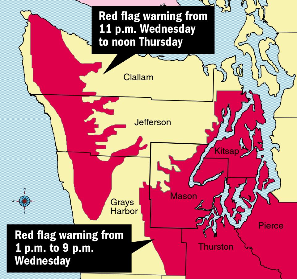 Bright pink on this map shows the areas of the Olympic Peninsula under a National Weather Service "red flag warning" — including towns of Forks