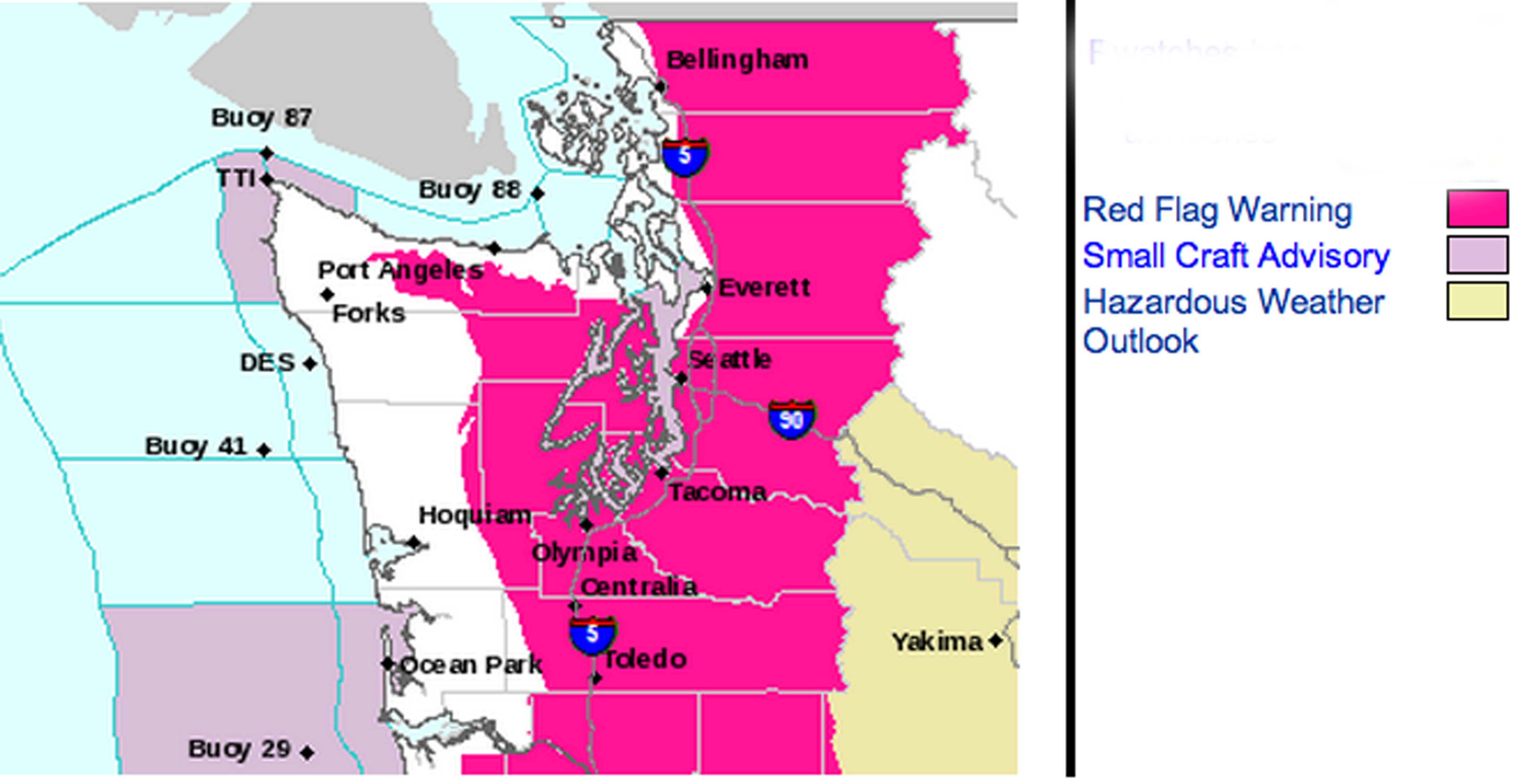 The bright pink area designates the "red flag warning" for the Olympics' eastern flank and foothills above Sequim and Port Angeles. National Weather Service