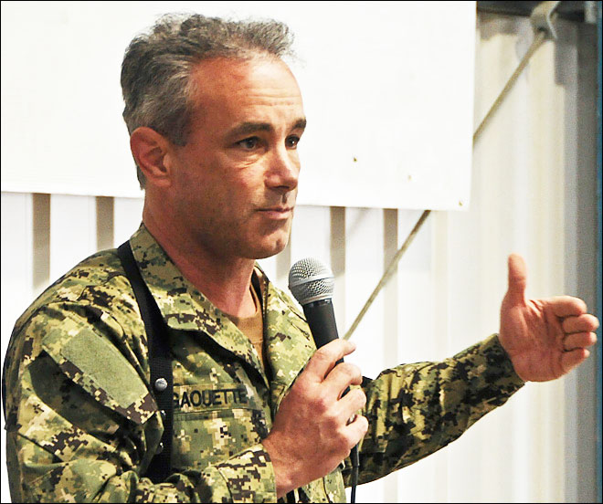 Rear Adm. Charles Gaouette addresses sailors on Nov. 7