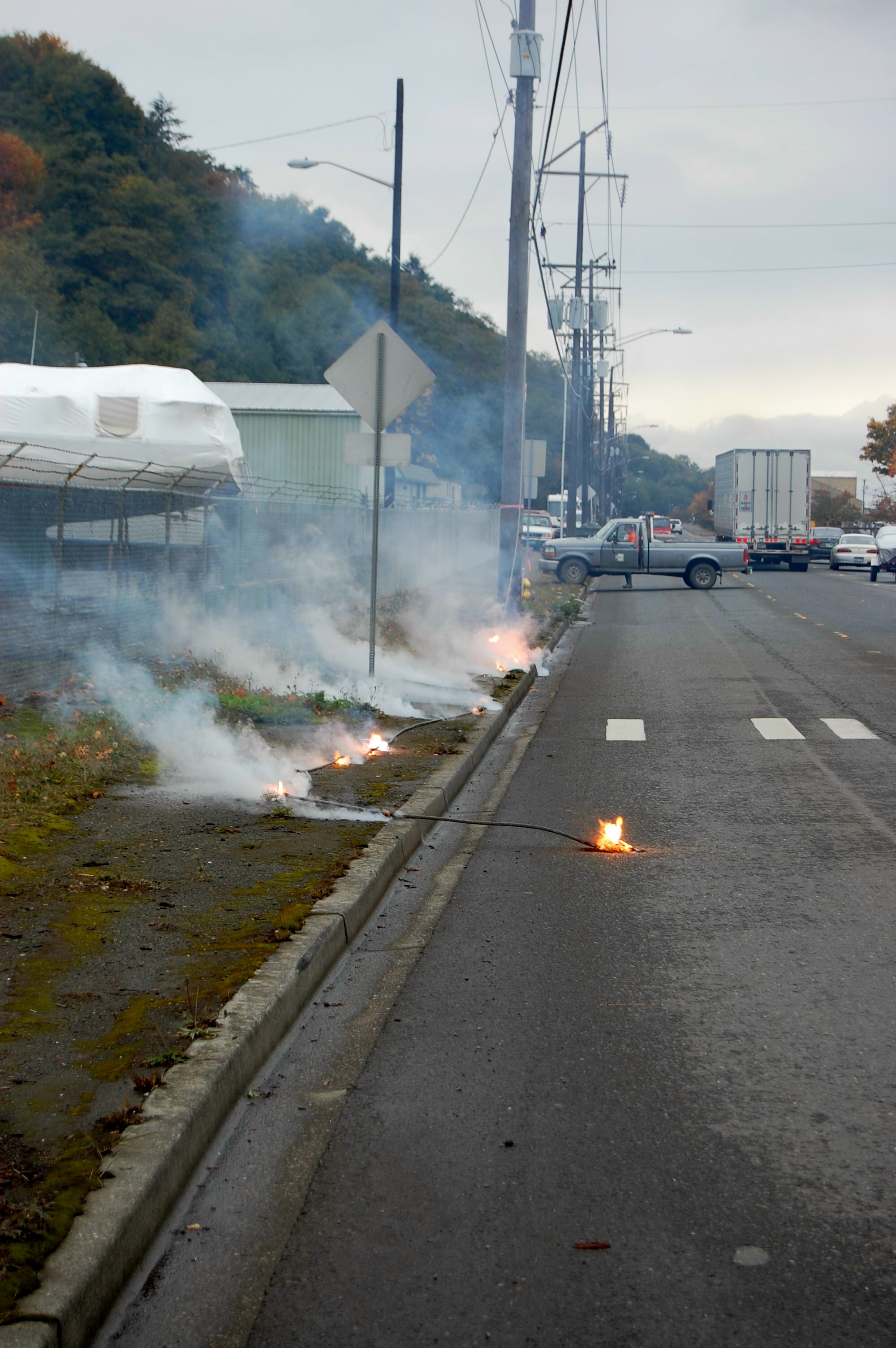 Here is a picture of live wires sparking alongside Marine Drive in Port Angeles around 3 p.m. today.A large contingent of Port Angeles city fire