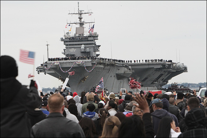 The USS Enterprise returns to Norfolk Naval Station in Norfolk