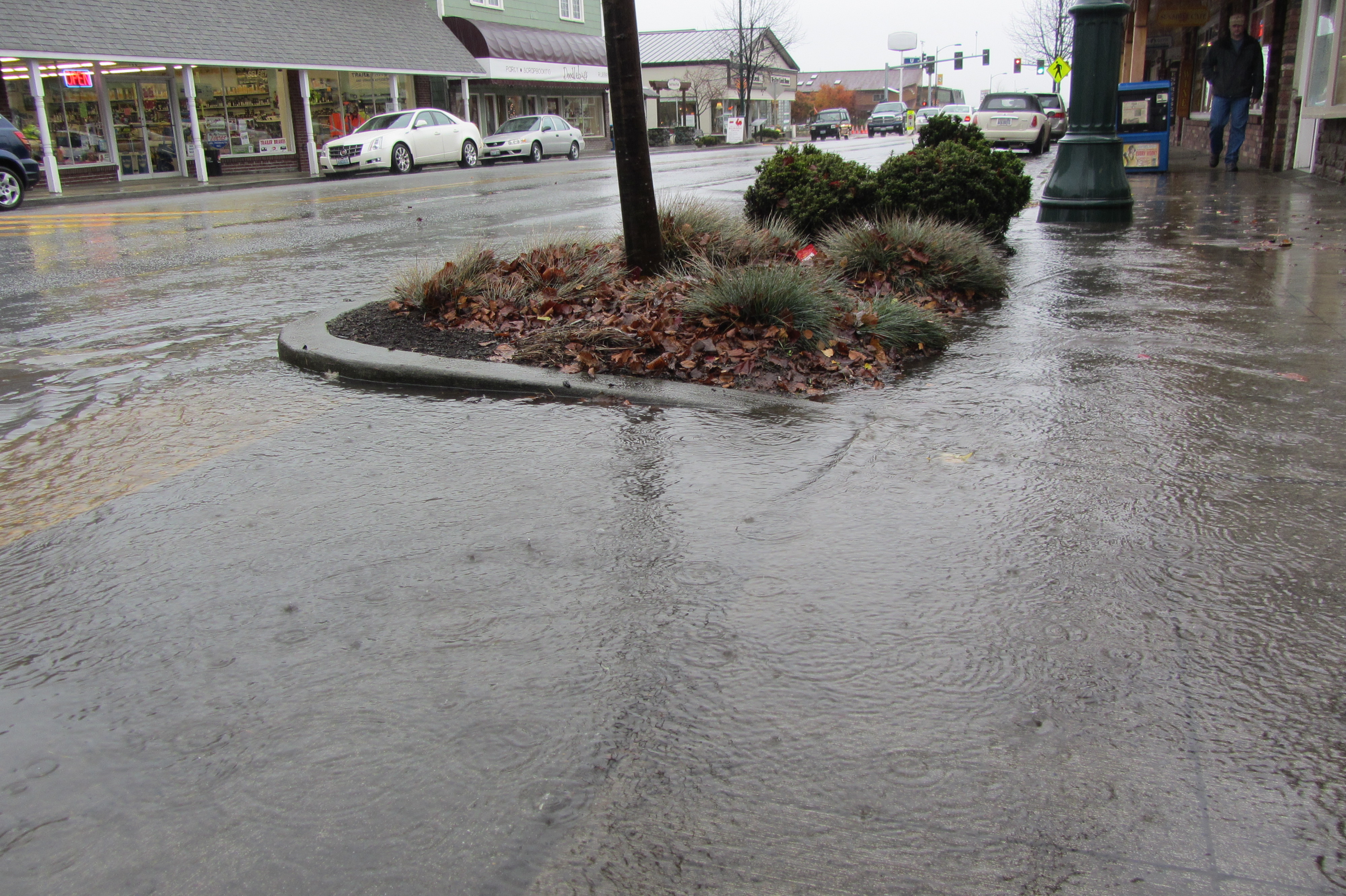 Water over the curb in downtown Sequim today. Jenifer Clark/Peninsula Daily News