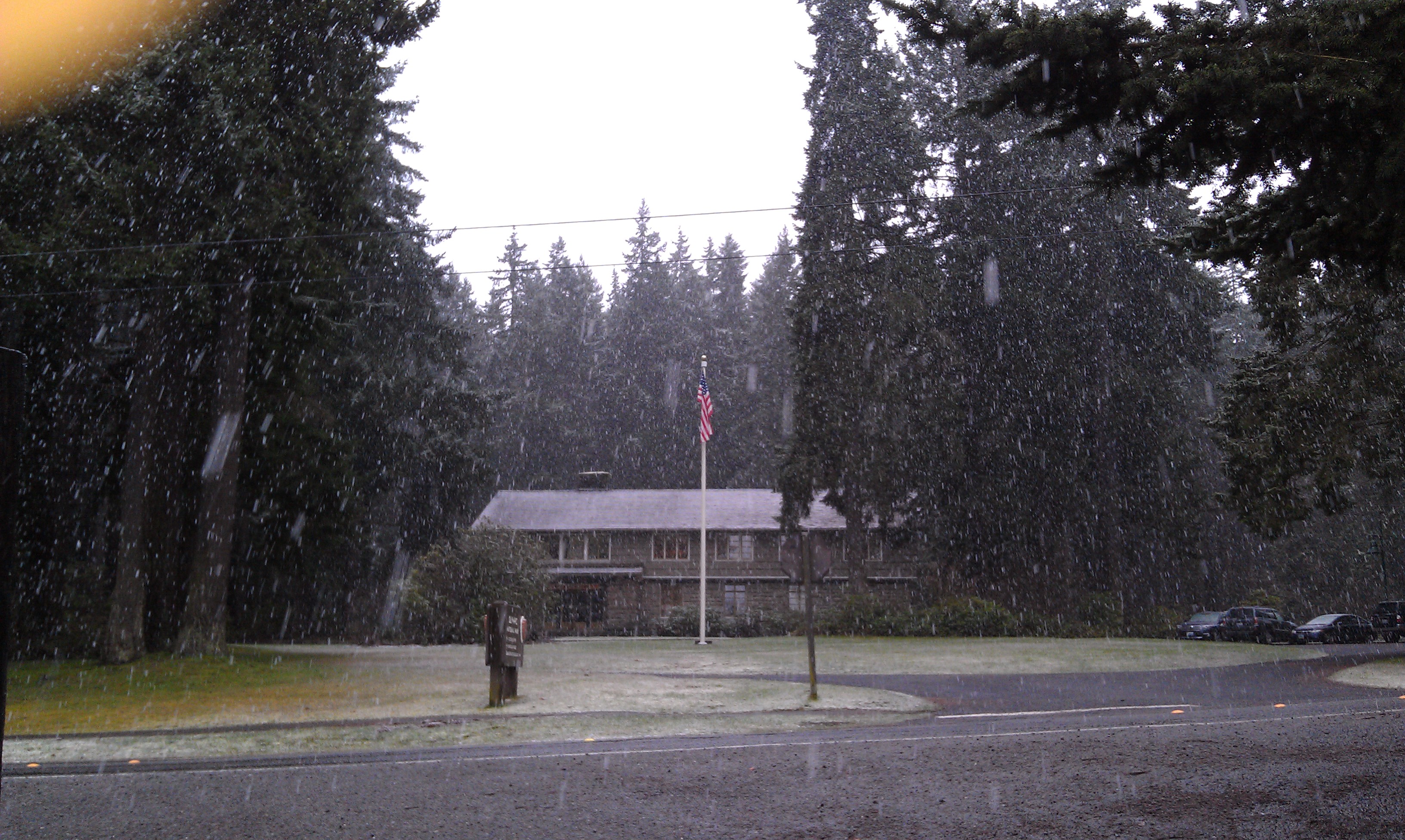 Snow falls at Olympic National Park headquarters