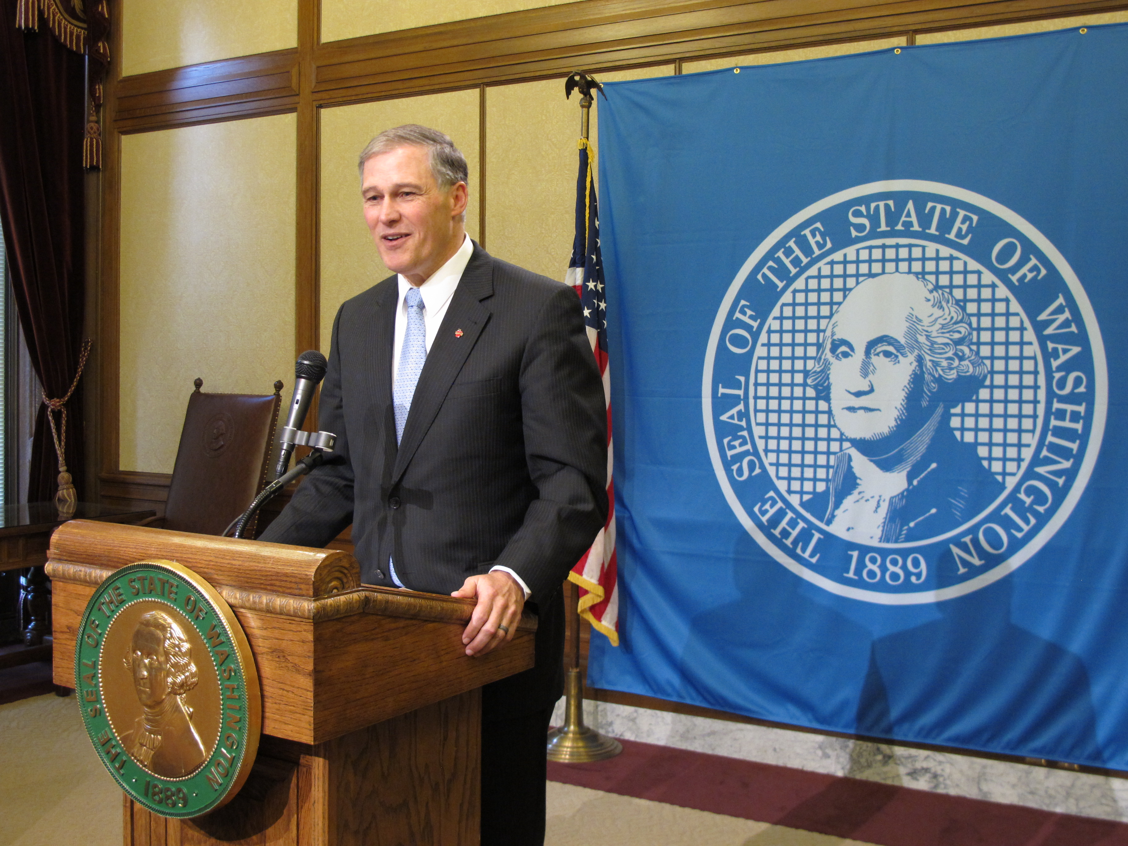 Gov. Jay Inslee talks to the media after announcing a special legislative session. The Associated Press