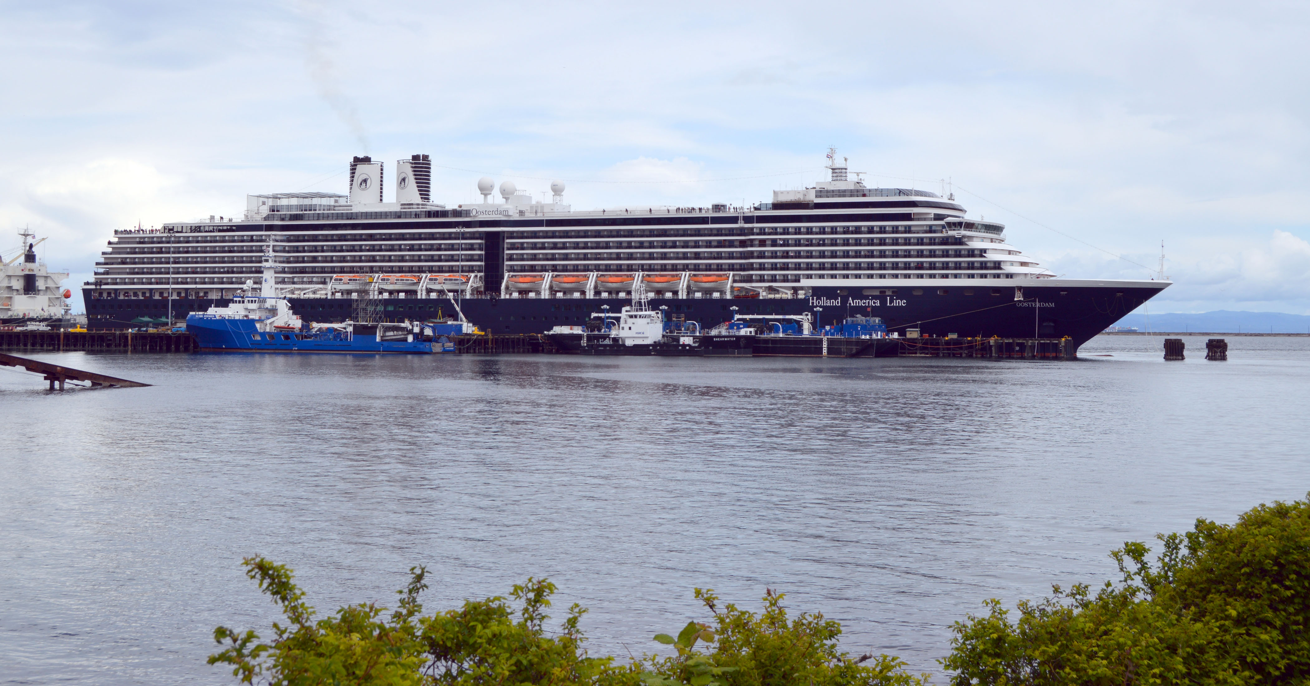 The ms Oosterdam is shown docked at the Port of Port Angeles Terminal 1 North after arriving around 11 a.m. today. This view is from Valley Creek Estuary Park at Front and Cherry streets. Diane Urbani de la Paz/Peninsula Daily News