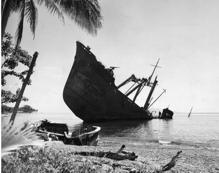 A Japanese vessel was partly submerged off Guadalcanal in 1942 after being hit by American forces. The battle helped turn the Pacific war in favor of the United States and its allies. Some 7