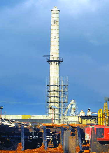 Scaffolding goes up at the chimney stack in Port Angeles. Keith Thorpe/Peninsula Daily News