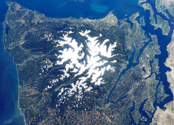 This enhanced satellite photograph of the Olympic Peninsula shows its mountainous core. — NASA