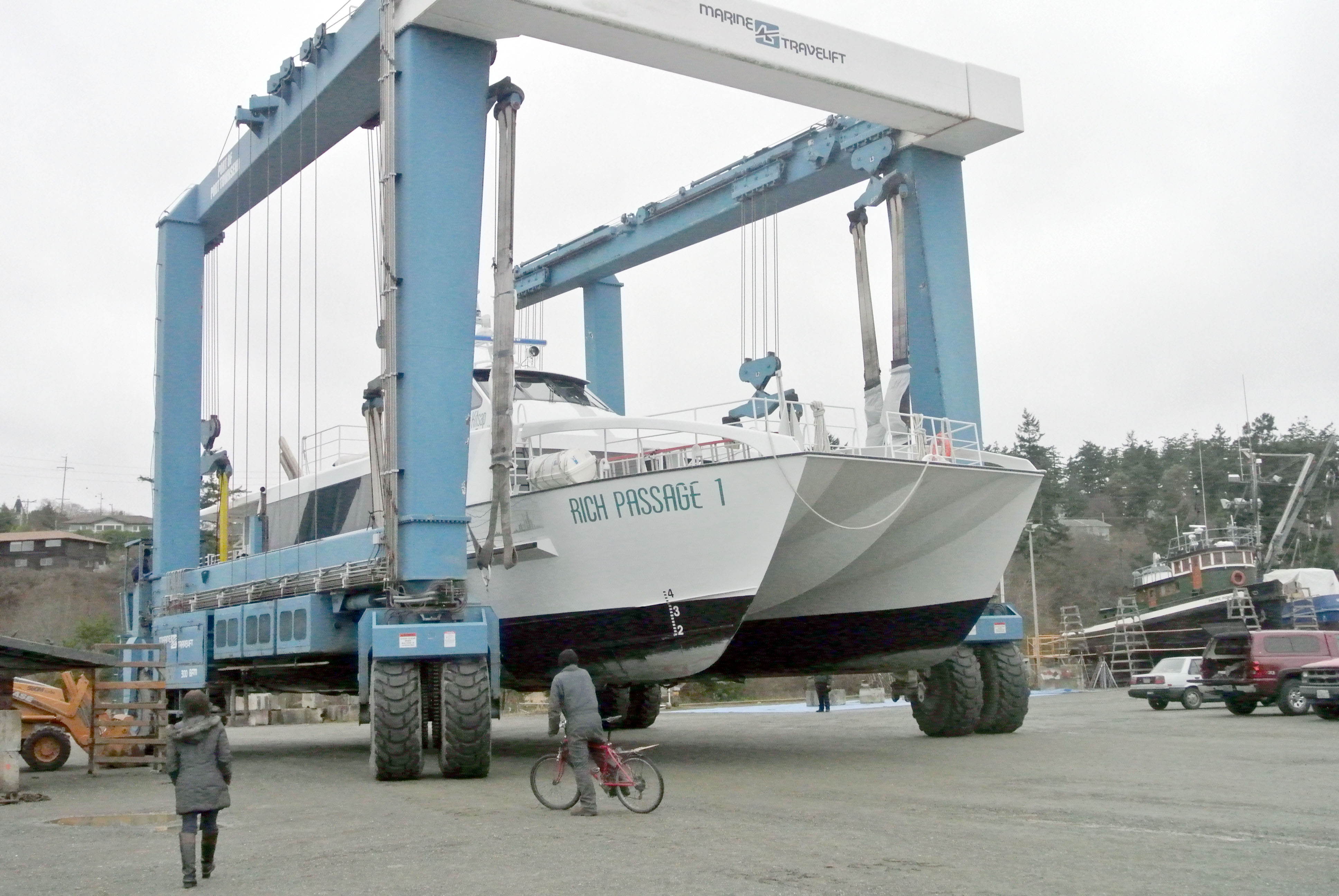 Rich Passage 1 is shown in the slings of the Travelift at the Port Townsend Boat Yard this morning. Charlie Bermant/Peninsula Daily News