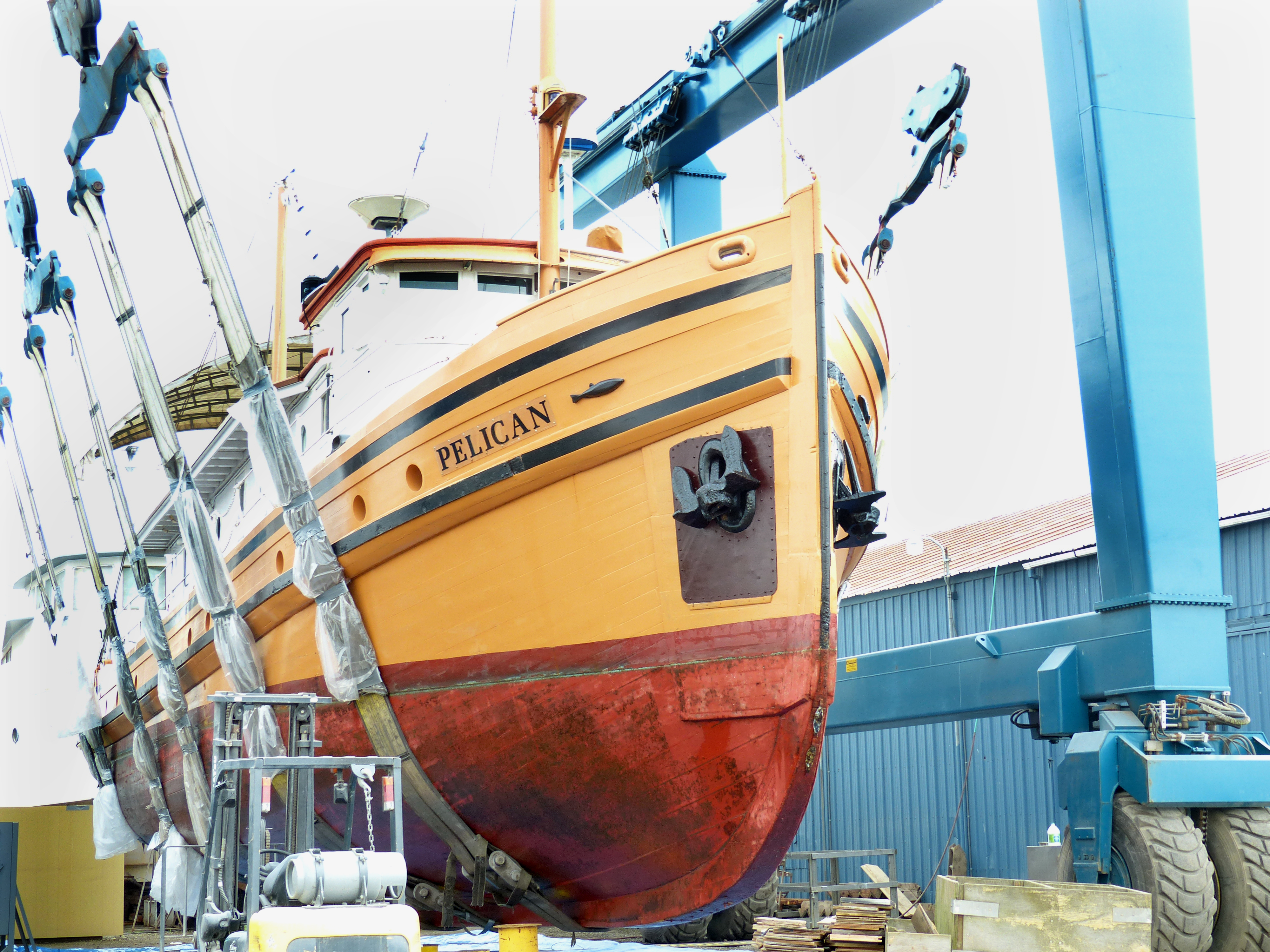 The Pelican sits in the slings at the Platypus Marine Inc.'s yard on Port Angeles Harbor.  — Photo by David G. Sellars/for Peninsula Daily News