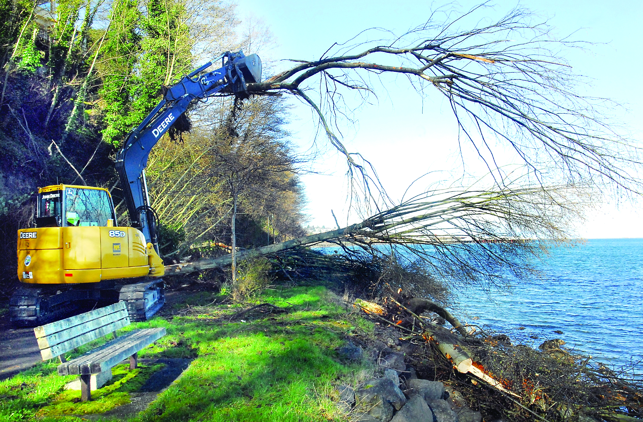 An excavator moves a tree to clear a section of the Waterfront Trail in Port Angeles on Thursday after a slide forced the closure of the trail. Keith Thorpe/Peninsula Daily News