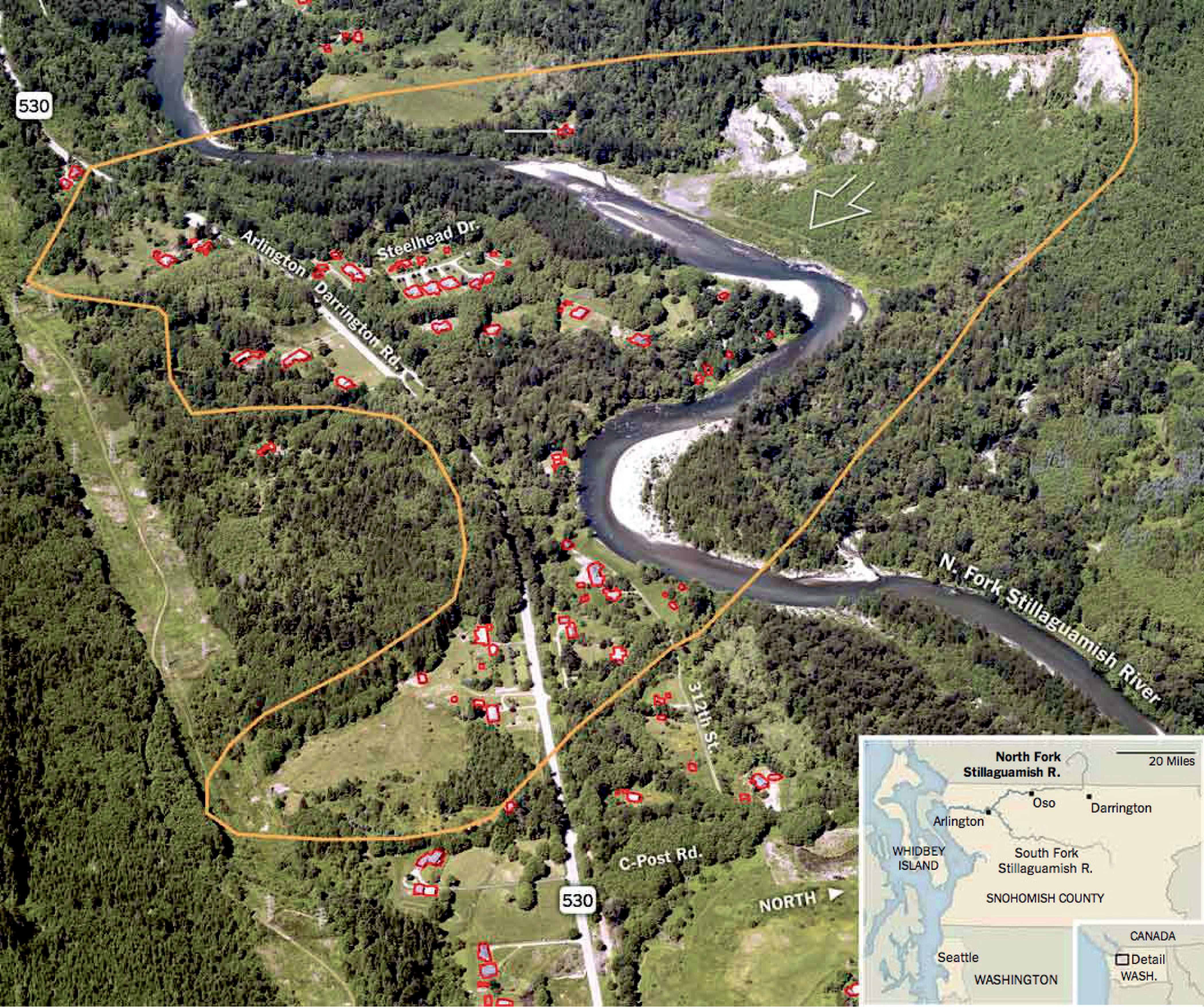 This graphic uses a 2012 aerial photo to outline Saturday's mudslide and the houses it ruined. State Highway 530 and the Stillaguamish River also are shown. This graphic also can be accessed at www.nytimes.com/interactive/2014/03/23/us/washington-mudslide.html The New York Times  (Click on graphic to enlarge)