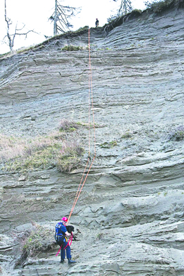 A crew member from Naval Magazine Indian Island rappels with Jake the black Laborador retriever on Wednesday. Crystal Craig