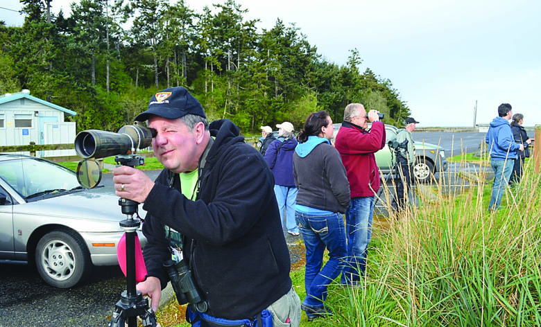 Gary Bullock of Sequim spots a cluster of coastal birds from Dungeness Landing as part of a 2013 Olympic Peninsula BirdFest field trip to espy the birds of Dungeness Bay