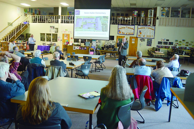 A crowd of more than 30 people attend the final forum about the Sequim School District's $154 million construction bond request at the high school library. Joe Smillie/Peninsula Daily News