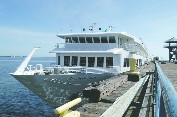 The 205-foot American Spirit sits docked at City Pier in Port Angeles on Tuesday morning. The vessel was delayed about 12 hours after high winds and rough seas were forecast for the Strait of Juan de Fuca on Monday. Jeremy Schwartz/Peninsula Daily News